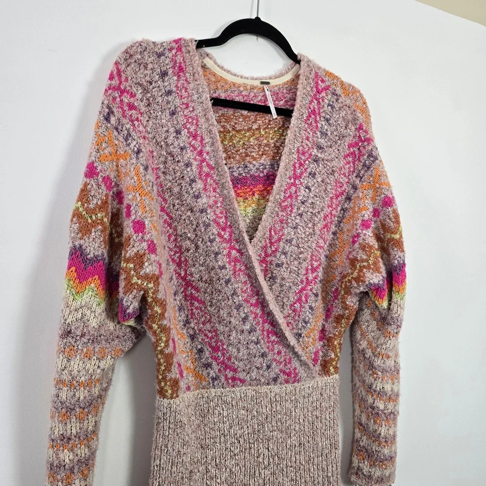 Free People Sweater Dress Womens S Pink Multi Fair Isle Wrap Boucle Tunic Artsy